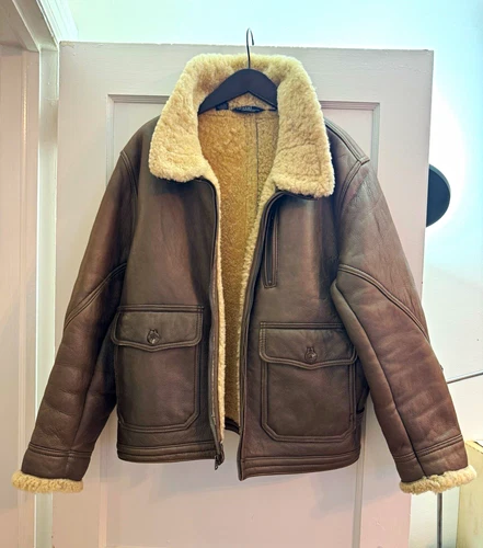 Polo Ralph Lauren Mens Brown Leather Lamb Shearling Lined Bomber Jacket Size M - product listing photo