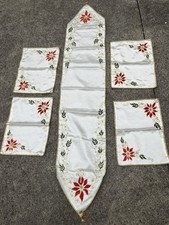 Stunning Silky Christmas Runner  4 Placemat Set Poinsettia Pattern Gold Trim