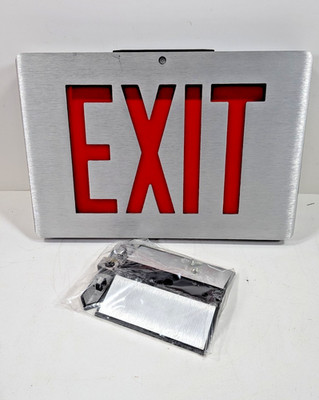 Vintage LITHONIA Double Sided RED Emergency Exit Sign Brushed Metal with Mount