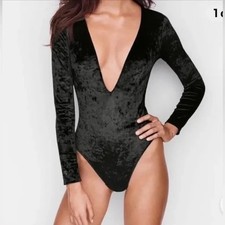 NWT Victorias Secret Black Velvet Bodysuit M/L Deep V Open Back Long Sleeve New