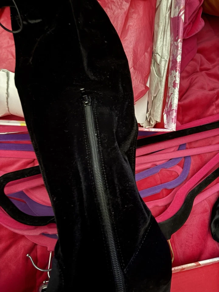 CHINESE LAUNDRY Mujer Negro Corbata Tela Terciopelo Punta Bree Tacón Bloque Botas 8 M Foto 3 de 4