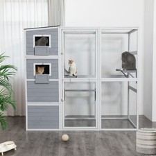 Large Wooden Cat Enclosure w/ Waterproof Roof Multiple Platforms - Gray