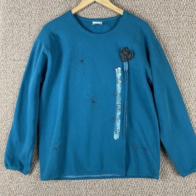 Kunkys Sweatshirt Womens Medium Hand Painted Art To Wear Blue Ruffle Crew T720