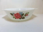 Vintage JAJ Pyrex milk glass casserole dish with large pink rose