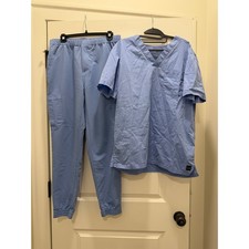 UA Butter-Soft Stretch Men Scrub Set Ceil Blue V-Neck Top Jogger Pants Medium