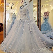 Shiny Beaded Wedding Dresses Medieval 3D Floral Fairy Sweep Train Bridal Gowns