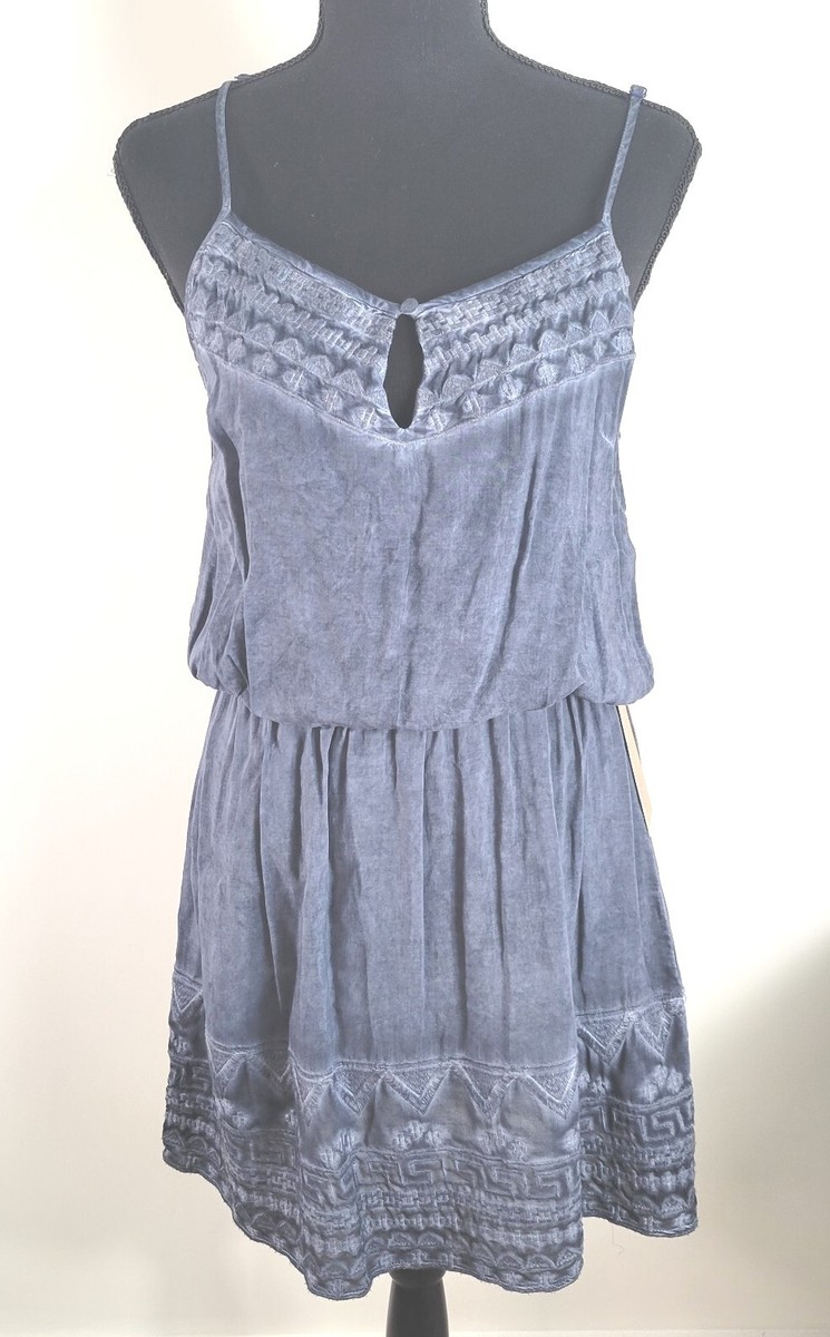 Andree Blue Dress Womens Small S Chambray Embroidered Elastic Waist Boho Chic