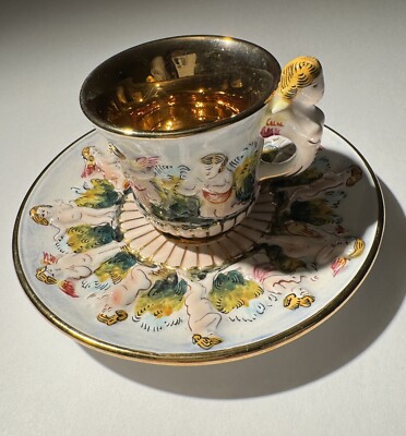 Vtg Capodimonte Italy Hand Painted Gold Trim Cherub Coffee/Tea Cup