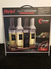 Parini 4 Piece Auto-pour Sauce Dispensers W/Acacia Wood Tray