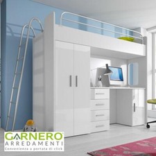 Letto a soppalco per bambini con armadio 204x86cm bianco cameretta LUCA 