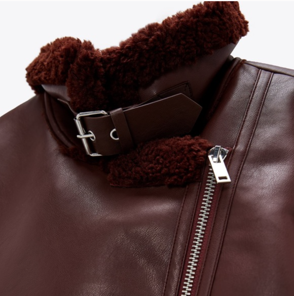 ZARA NEW DOUBLE-FACED FAUX FUR LEATHER BIKER JACKET RED FW21