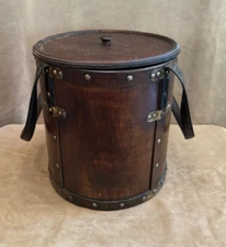 Wooden round box leather handles carved lid 12" storage barrel round Firkin