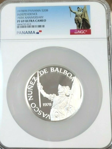 1978 PANAMA SILVER 20 BALBOAS 20B INDEPENDENCE 75TH ANNIV NGC PF 69 ULTRA CAMEO