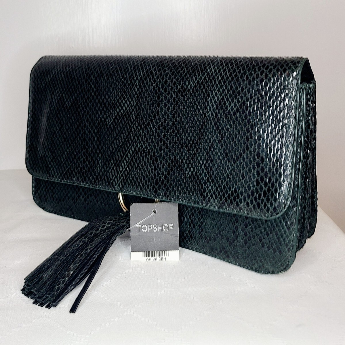 Topshop Snakeskin Effect Dark Green Clutch Bag With Tassel Detail