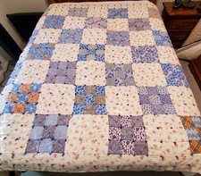 Vintage Homemade Block Patchwork Blanket 1960s Cotton/Flannel Full Size 76x79