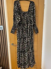 Ganni Floral Print Georgette Dress Smocked Midi Navy Pink 36 8