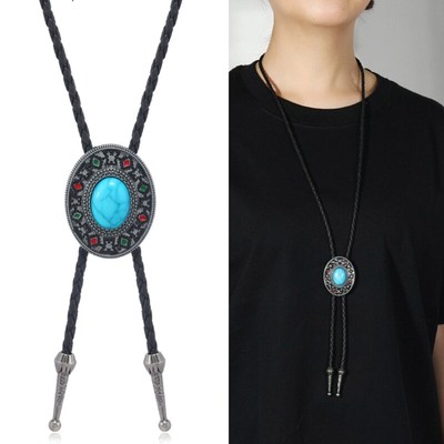 Vintage Bolo Tie Men PU Leather Turquoise Pendant Bolo Tie Shirt Neckwear 3pcs