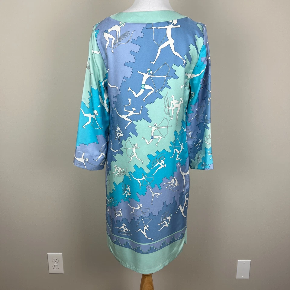 J McLaughlin Dress Women 2 Blue Silk Shift 3/4 Sleeves Split V-Neck Above Knee - Image 4 of 4