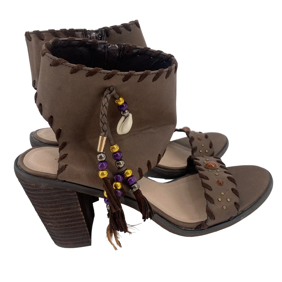 Sandalia de Tacón Volátil Talla 9 Marrón Cuentas Borlas Flecos Occidentales Vaquera Boho Foto 2 de 4