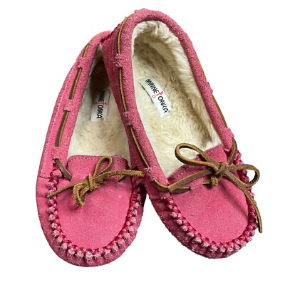 Minnetonka Cassie Moc Slippers Girls Size 1 Pink Suede Leather Faux Fur Lining