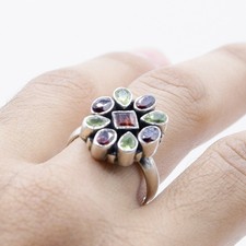 Multi Stone Ring in Silver 925 boho and Symmetrical Garnet Quartz and Peridot