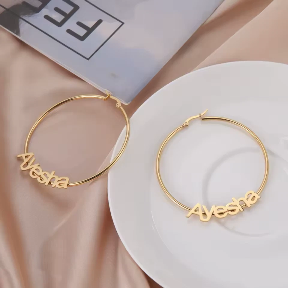 Custom Jewelry Hoop Name Earrings Pair Personalized Gold Silver Circle Round - Image 2 of 4