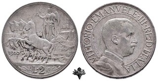 REGNO D'ITALIA 2 lire 1910 ARGENTO Vittorio Emanuele III