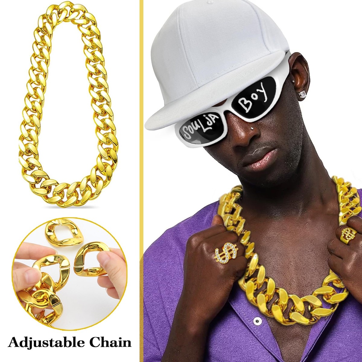 Kit Costume Hip Hop 80s 90s - 6 Pièces Accessoires Rappeur Avec Lunettes, Chaînes Et Bagues