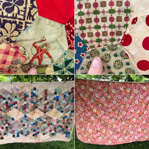 VTG Hand Piece Feedsack Quilt Top Hexagon & Floral Fabric Cutter Whimsy 70"x96"