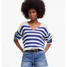 Madewell Linen V-Neck Sweater Sapphire Stripe Blue White Size S NWT Nautical