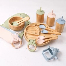 Baby Tableware Set Feeding Bowl Dinner Plate Cup Bibs Spoon Fork Bamboo Wooden