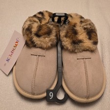 NWT JOMSPUN Women's Animal Print Faux Fur Slip-On Slippers Beige Brown Size 9