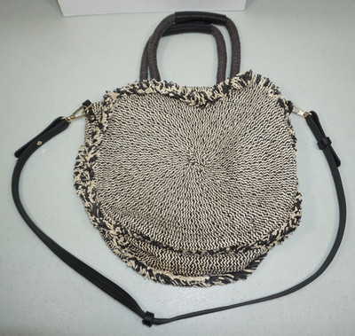 Zara Round Paper Straw Beige Black Crossbody Purse Fringe Open Top Dual Handles