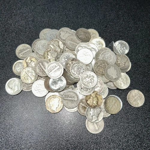 100 90% Silver Dimes Mixed Lot Barber/Mercury/Roosevelt