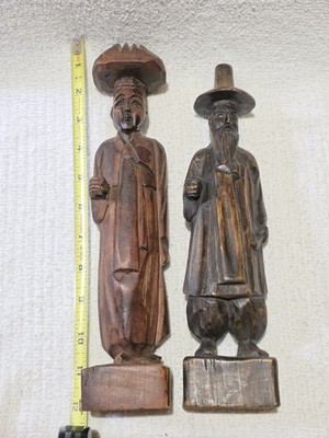 Wooden Handcarved Statues of Asian Elders 12 and 11 Inches