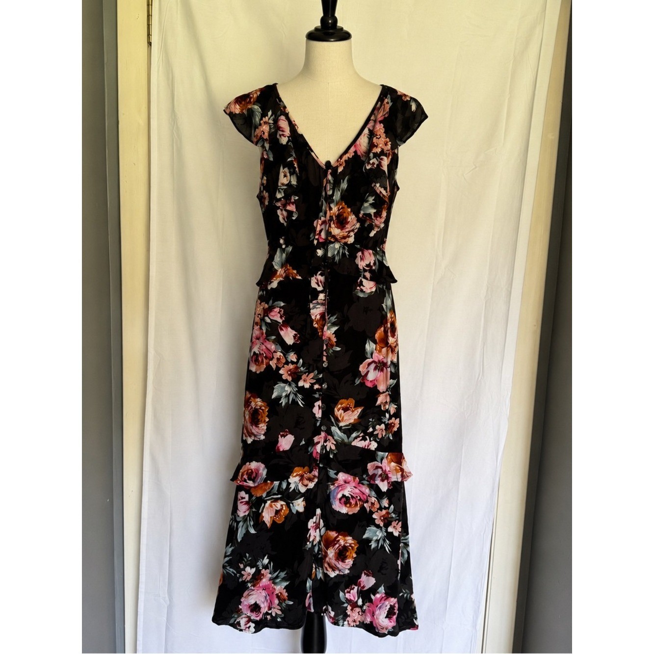 Floral Midi Dress Black Pink Ruffle Button Front Cottagecore Boho Dress Size M