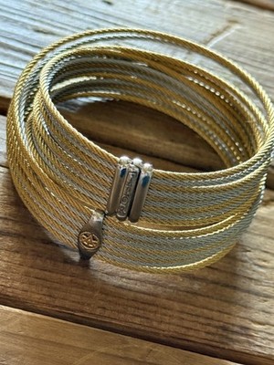ALOR 9 CABLE CUFF CLASSIC BRACELET STAINLESS STEEL GOLD PLATED MRSP $800