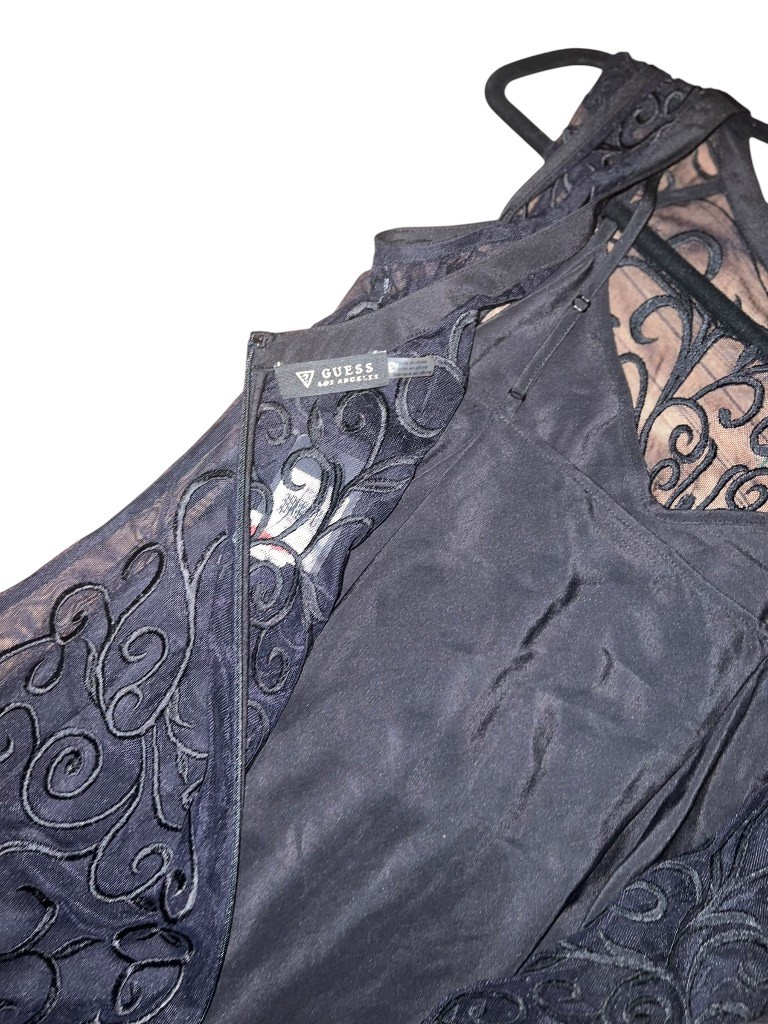 Guess Los Angeles Black Embroidered Mesh Ruffle Hem Dress Size 0 NWT