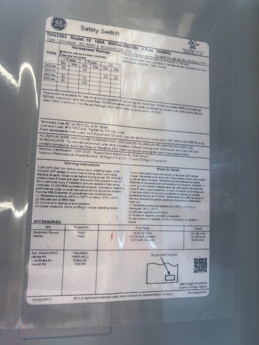 GE THN3363 ABB Schwerlast Sicherheitsschalter 100A 3-polig 600V nicht abgesichert 3W Trennschalter - Bild 7 von 7