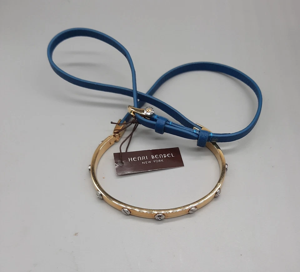 Pulsera Henri Bendel Tono Dorado Correa Cuero Azul Estrás Foto 2 de 4