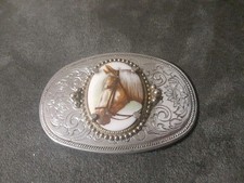 Belt Buckle VTG Western Silver Tone w/Palomino Horse Centerpiece 1 Piece