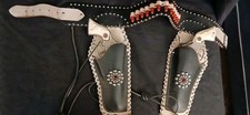 Hubley Cast Iron Texan 45 Cap Guns Ornate Leather Holster Set 12 Orig Bullets ,