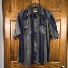Vtg Youngbloods Mens L Blue Black Striped Pearl Snap Shirt Cowboy Rodeo Retro