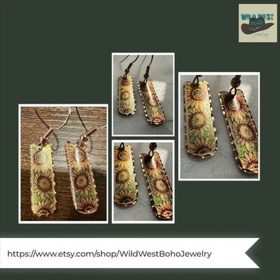 Handcrafted Copper Diamond Cut Sunflower Wire Drop Earrings, Western Boho, Gift