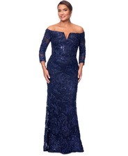 Xscape Women's Embellished Off-the-Shoulder 3/4-Sleeve Gown - Navy, 6