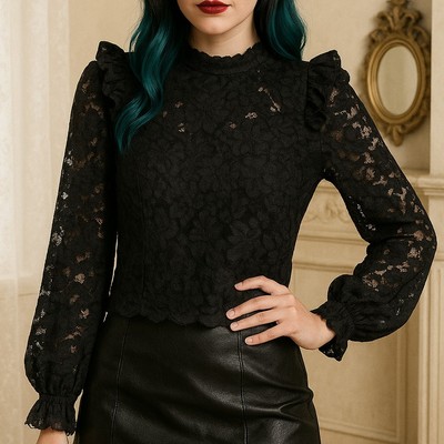 Whimsigoth Black Lace Blouse Sheer Gothic Ruffle Top Romantic Vampire Witchy S