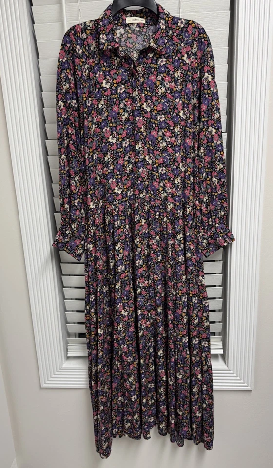 Vestido Natural Life Púrpura Floral Midi En Niveles Talla XL Bolsillos Manga Larga Boho Foto 2 de 4