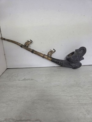 Vintage 11'' Brass & Carved Bowl Elephant Smoking Pipe Trucks Up See Discription 