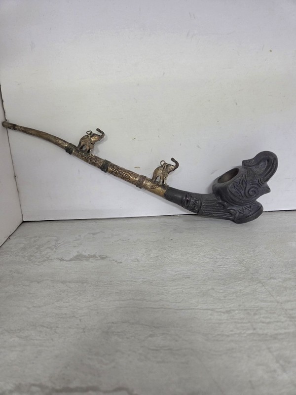 Vintage 11" Brass & Carved Bowl Elephant Smoking Pipe Trucks Up See Discription 