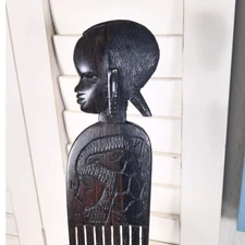 VTG African Woman Ebony Kenya Wood Carved Hair Pick Comb Tribal Giraffe Art 9 in